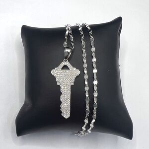 925 Sterling Silver 1.00CT MOISSANITE Pave Key Pendant Necklace Size 18”
